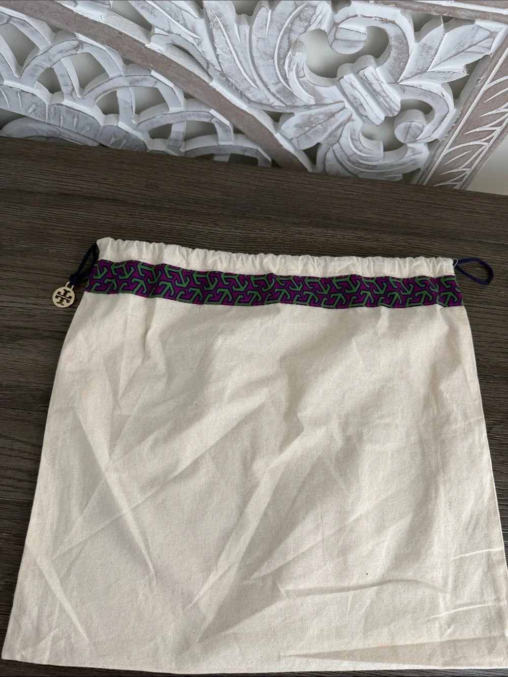 Tory Burch Cream Drawstring Dust Bag with Purple & Green Trim